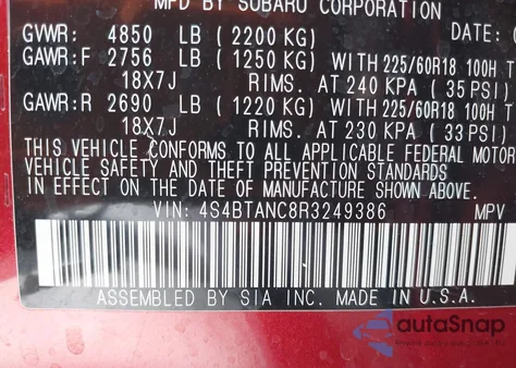 2024 Subaru Outback Limited z USA, uszkodzony, nr VIN 4S4BTANC8R3249386